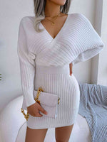 Rib-Knit Dolman Sleeve Sweater Dress - Ladyez