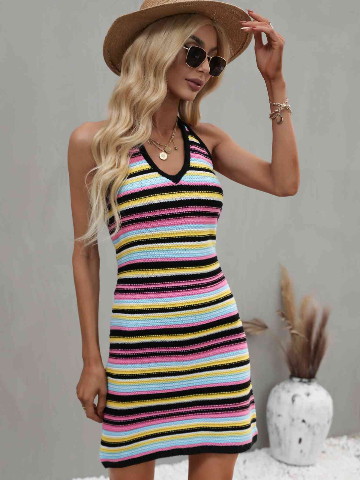 Striped Halter Neck Mini Sweater Dress - Ladyez