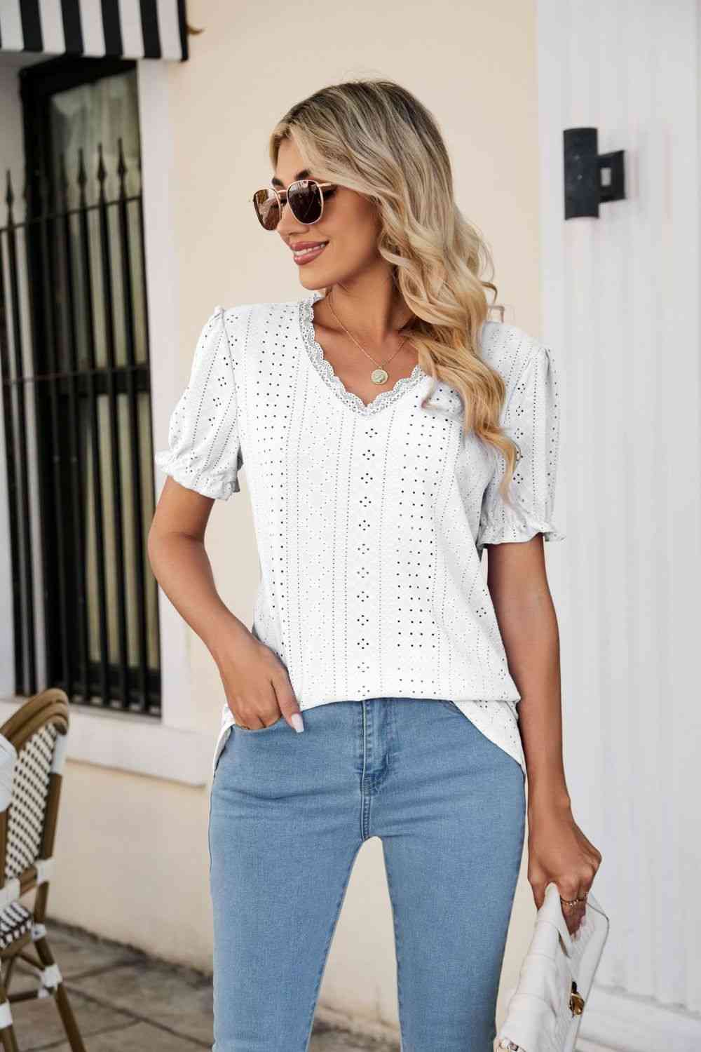 Eyelet Flounce Sleeve Scalloped V-Neck Top - Ladyez