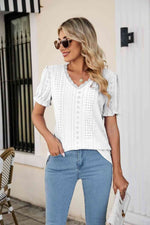 Eyelet Flounce Sleeve Scalloped V-Neck Top - Ladyez