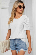 Eyelet Puff Sleeve Round Neck Blouse - Ladyez