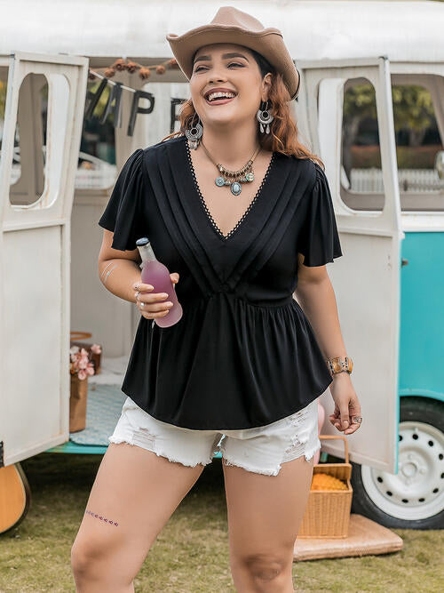 Plus Size V-Neck Flutter Sleeve Blouse - Ladyez