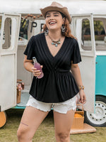Plus Size V-Neck Flutter Sleeve Blouse - Ladyez