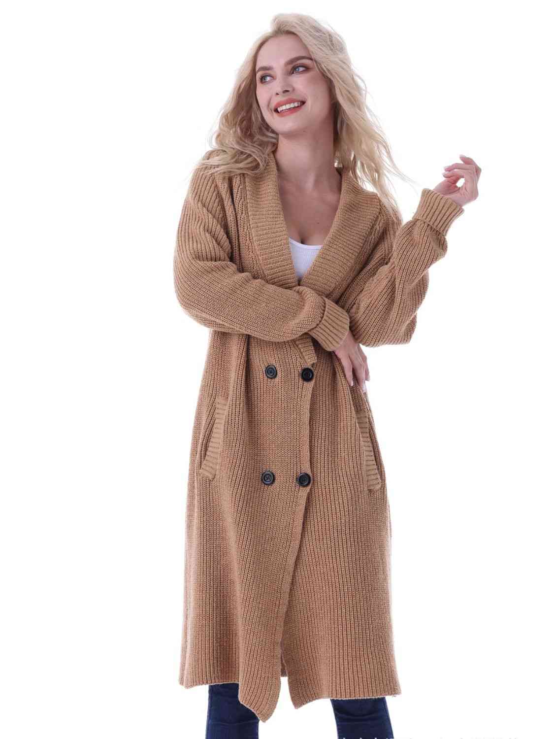 Double-Breasted Longline Cardigan with Pockets - Ladyez
