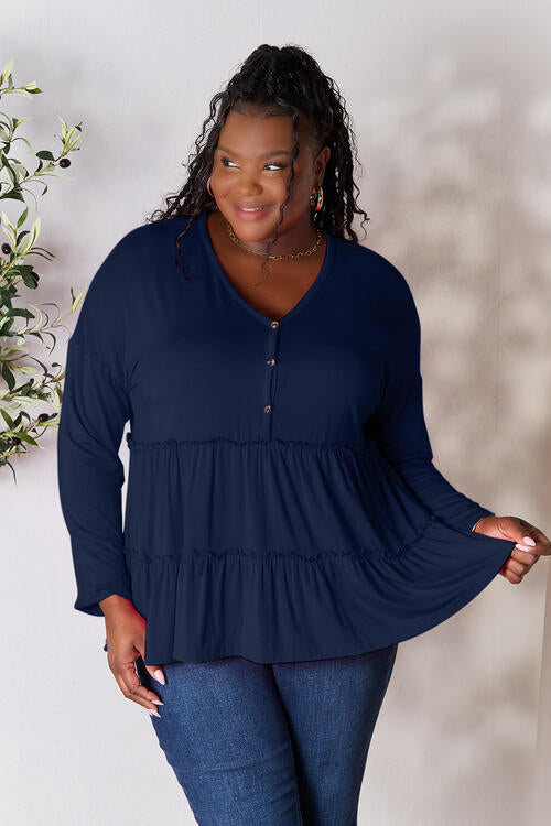 Double Take Half Button Long Sleeve Ruffle Hem Blouse - Ladyez