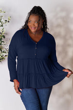 Double Take Half Button Long Sleeve Ruffle Hem Blouse - Ladyez