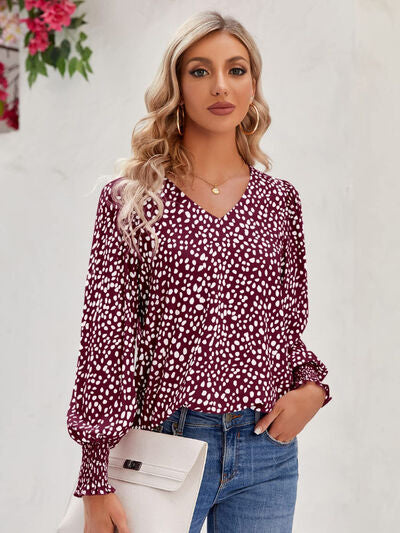 Printed V-Neck Lantern Sleeve Blouse - Ladyez