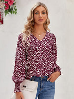 Printed V-Neck Lantern Sleeve Blouse - Ladyez