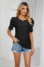 Eyelet Puff Sleeve Round Neck Blouse - Ladyez
