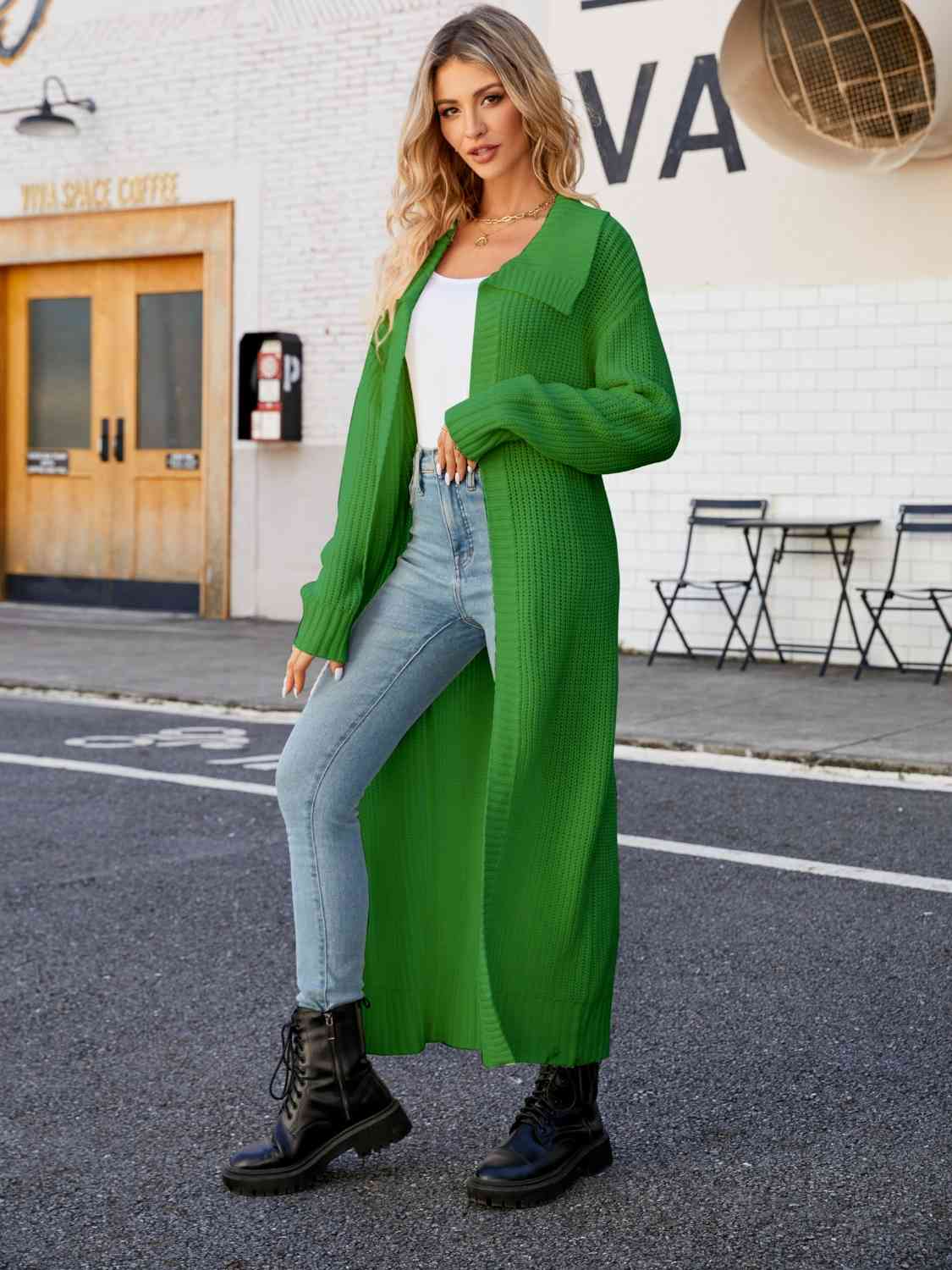 Full Size Collared Open Front Duster Cardigan - Ladyez