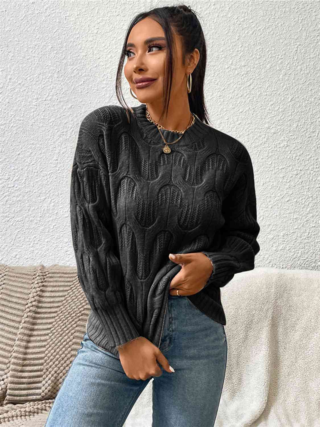 Round Neck Long Sleeve Sweater - Ladyez