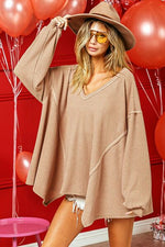 BiBi V-Neck Waffle Uneven Hem Top - Ladyez