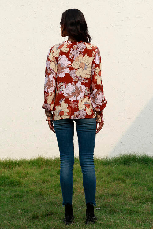Floral V-Neck Smocked Lantern Sleeve Blouse - Ladyez