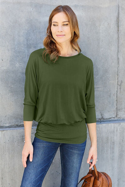 Basic Bae Full Size Round Neck Batwing Sleeve Blouse - Ladyez