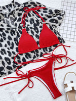 Textured Halter Neck Tie Side Bikini Set - Ladyez