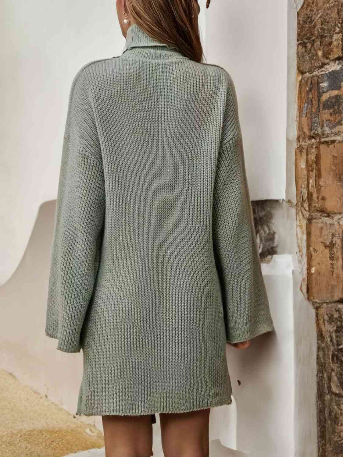 Turtleneck Dropped Shoulder Sweater Dress - Ladyez