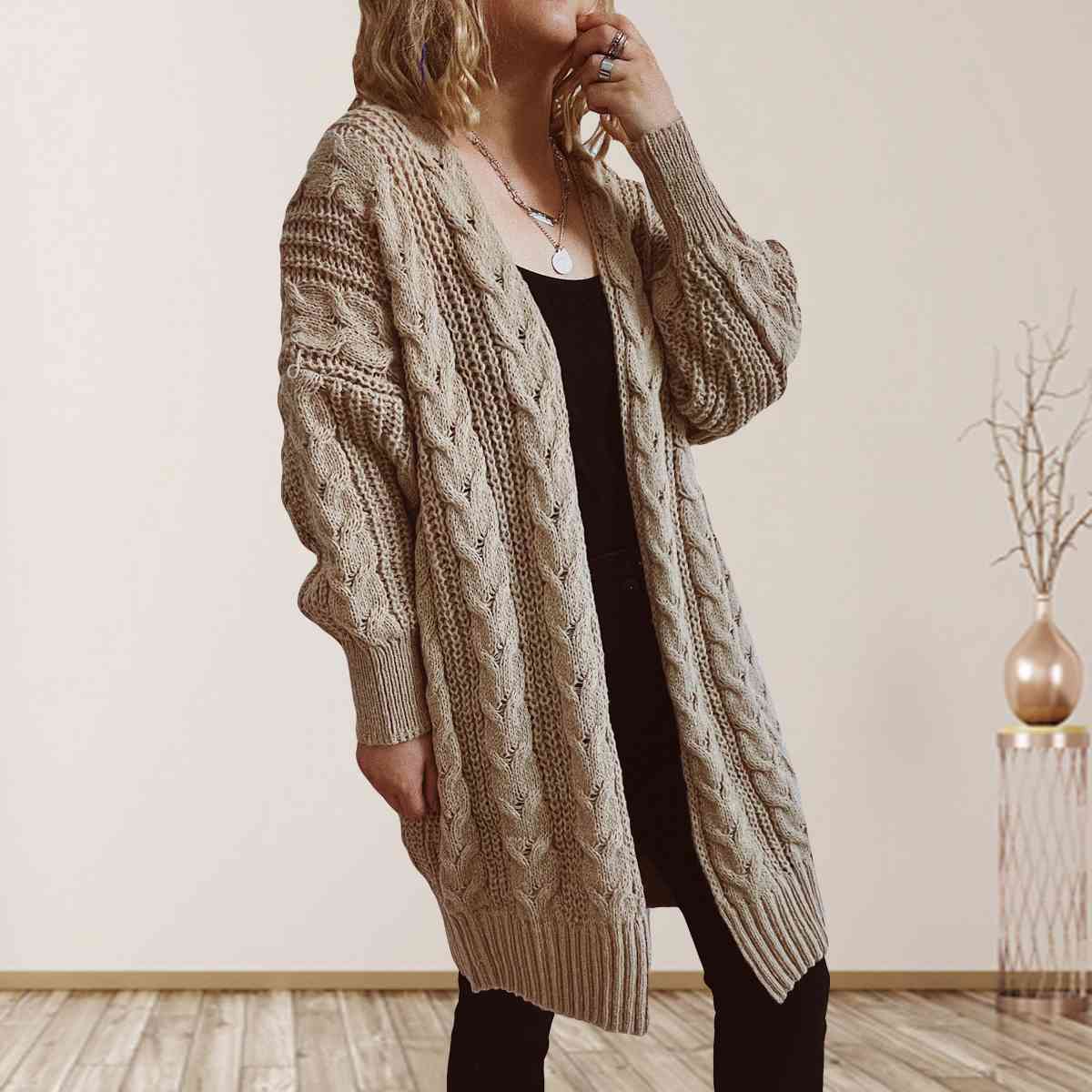 Cable-Knit Open Front Dropped Shoulder Cardigan - Ladyez