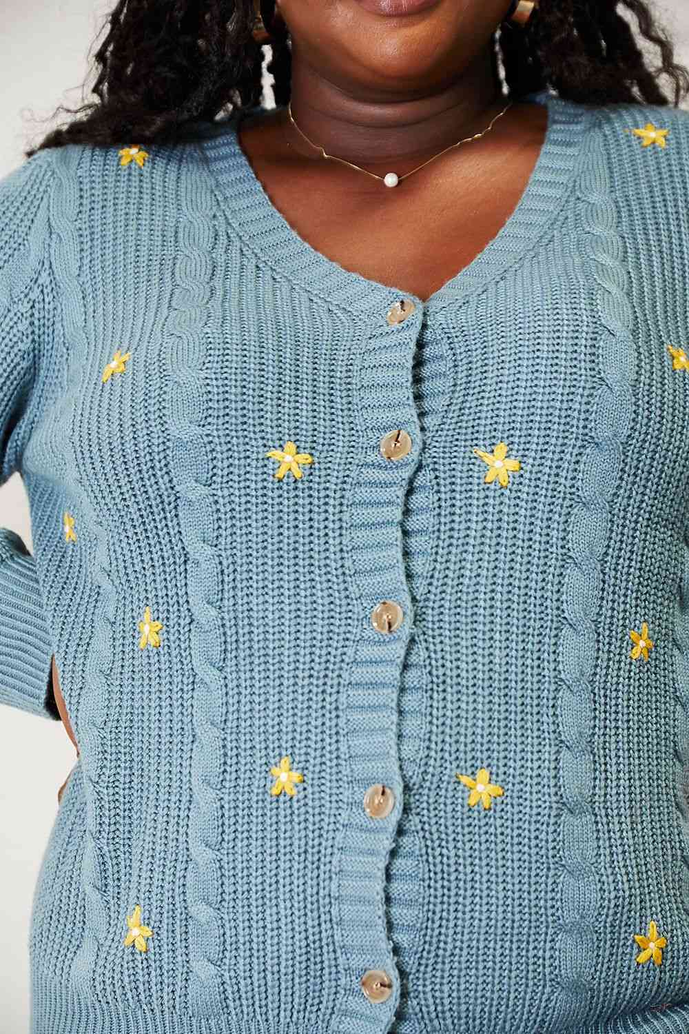 HEYSON Full Size Floral Embroidered Cable Cardigan - Ladyez