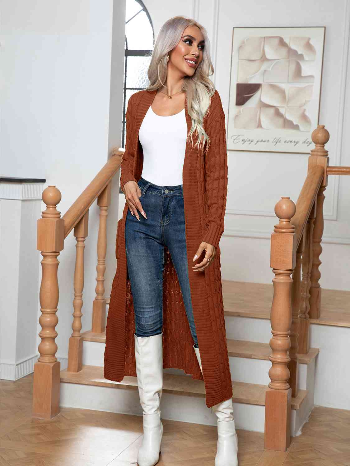 Cable-Knit Open Front Cardigan with Pockets - Ladyez