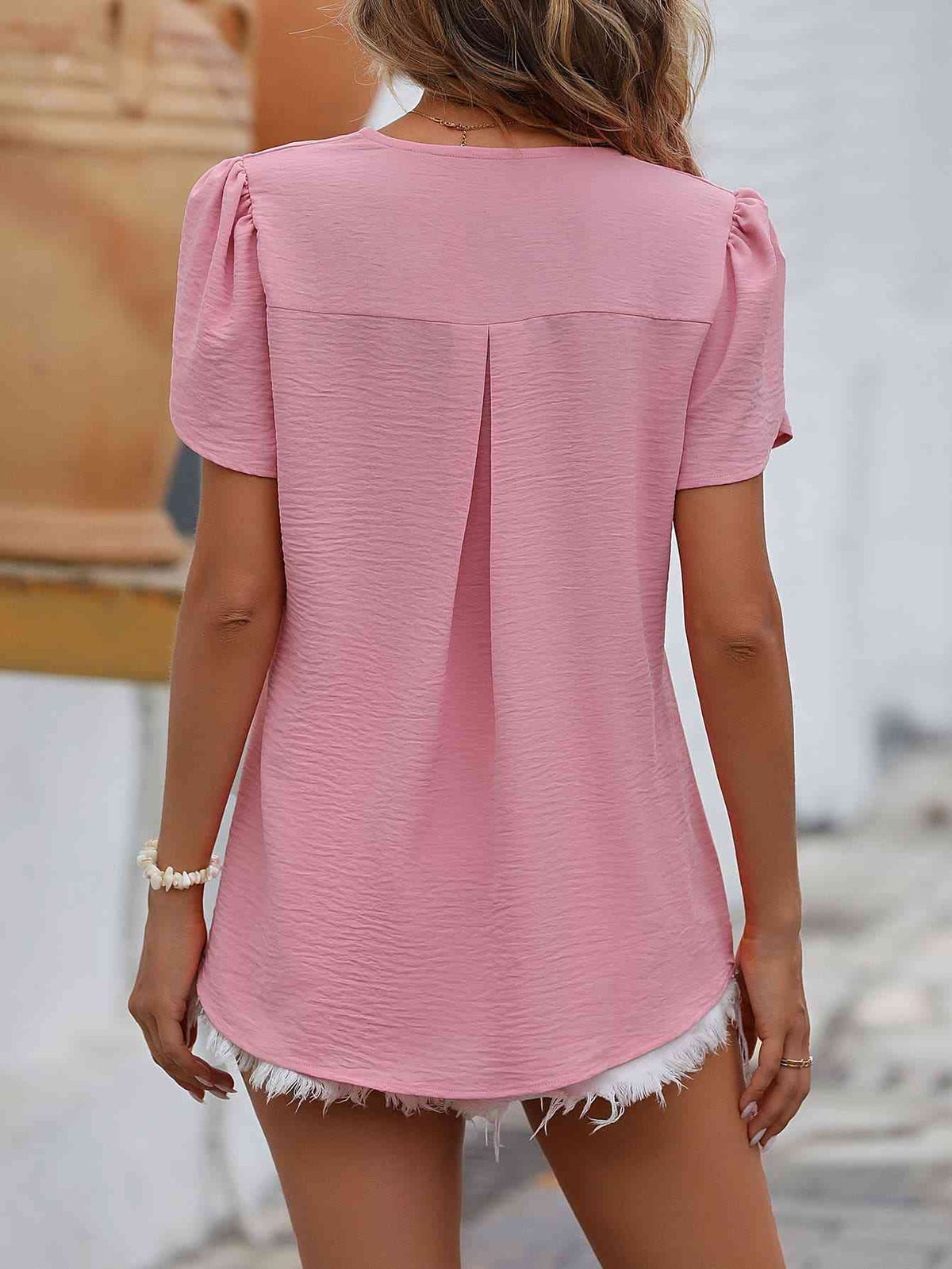 Ruche V-Neck Petal Sleeve Top - Ladyez