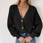Button Up V-Neck Long Sleeve Cardigan - Ladyez