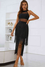 Spliced Mesh Fringe Hem Sleeveless Dress - Ladyez