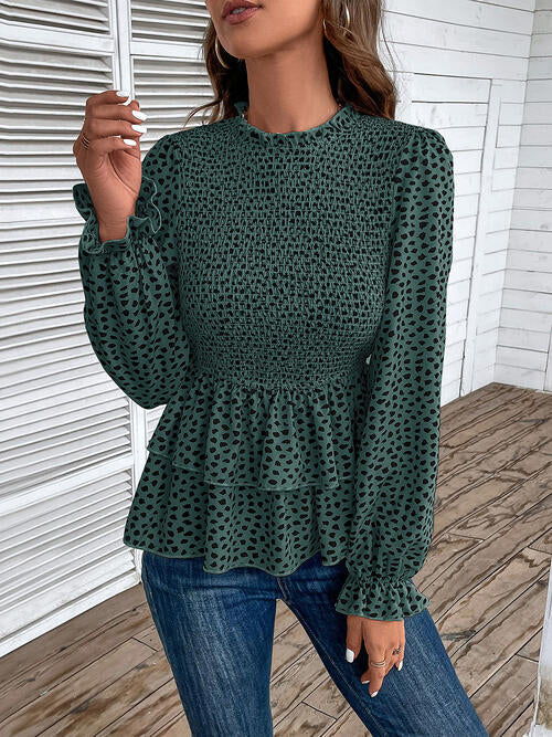 Printed Round Neck Smocked Flounce Sleeve T-Shirt - Ladyez