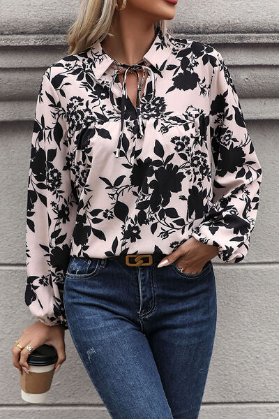 Printed Tie Neck Balloon Sleeve Blouse - Ladyez