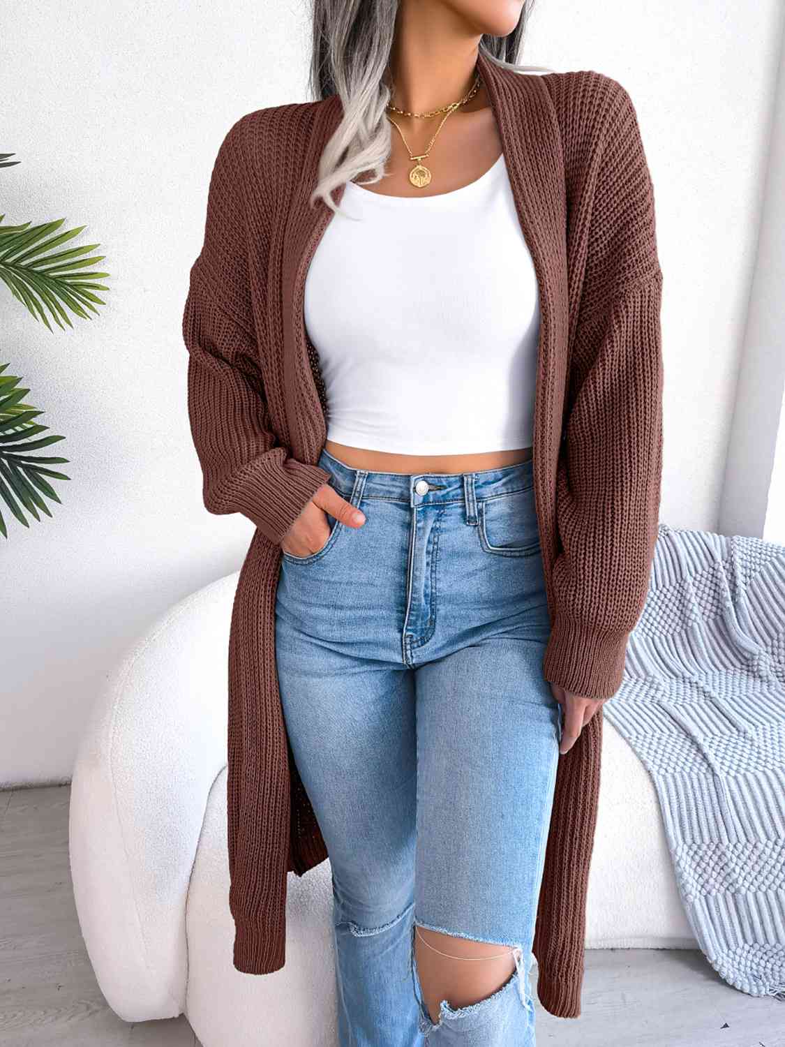 Open Front Dropped Shoulder Longline Cardigan - Ladyez