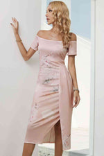 Printed Off-Shoulder Split Dress - Ladyez
