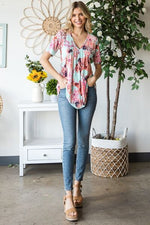 Heimish Full Size Floral V-Neck Short Sleeve Babydoll Blouse - Ladyez