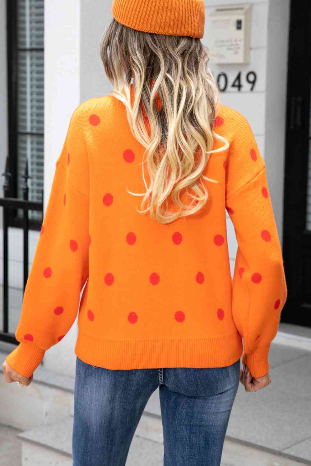 Woven Right Polka Dot Round Neck Dropped Shoulder Sweater - Ladyez