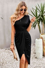 Ruched One-Shoulder Tulip Hem Dress - Ladyez