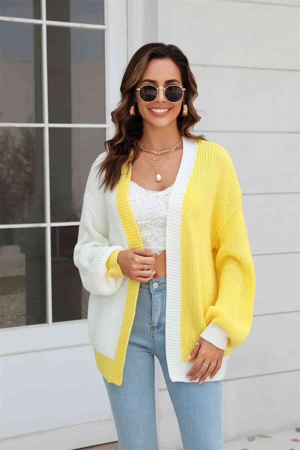Open Front Contrast Color Balloon Sleeve Cardigan - Ladyez
