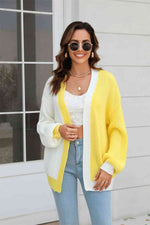Open Front Contrast Color Balloon Sleeve Cardigan - Ladyez