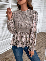 Printed Round Neck Smocked Flounce Sleeve T-Shirt - Ladyez