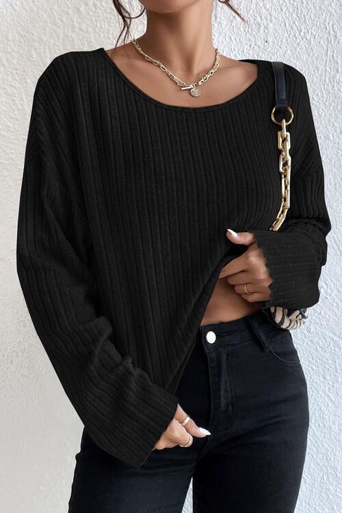 Ribbed Round Neck Drop Shoulder Long Sleeve Top - Ladyez