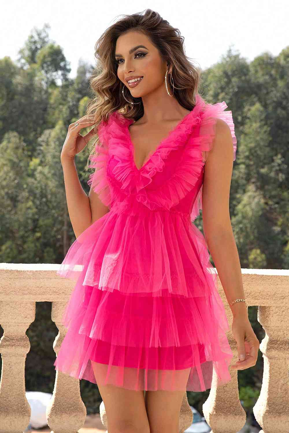 Ruffled V-Neck Sleeveless Mesh Dress - Ladyez