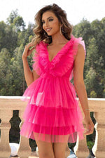 Ruffled V-Neck Sleeveless Mesh Dress - Ladyez