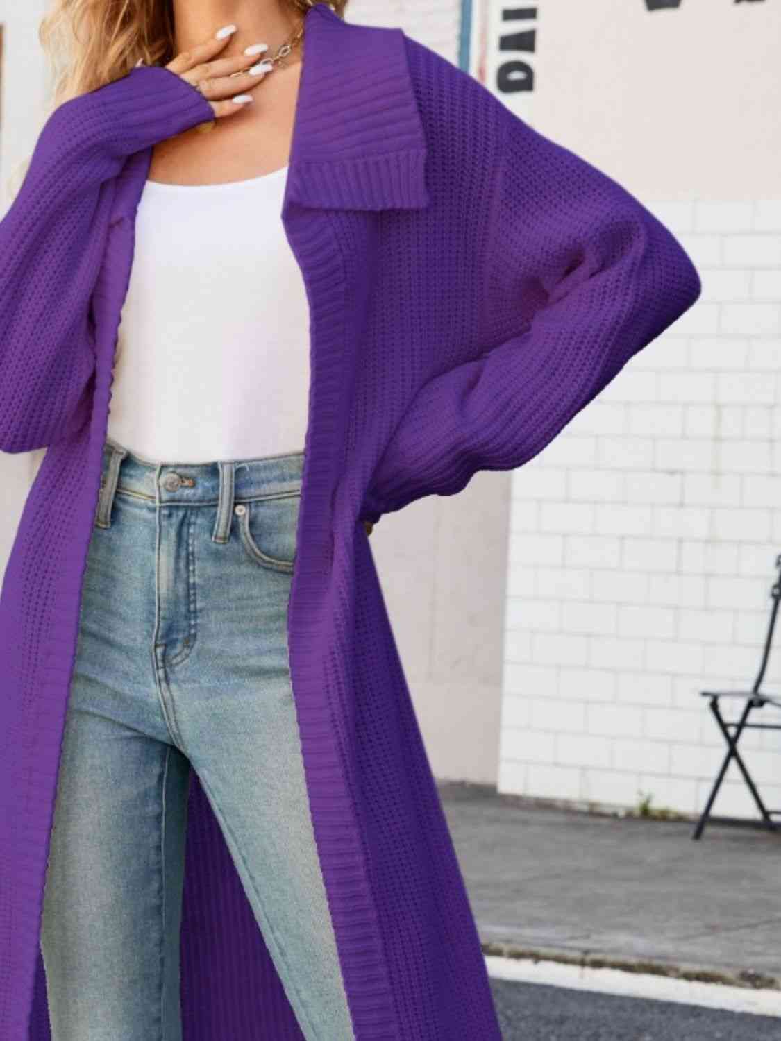 Full Size Collared Open Front Duster Cardigan - Ladyez