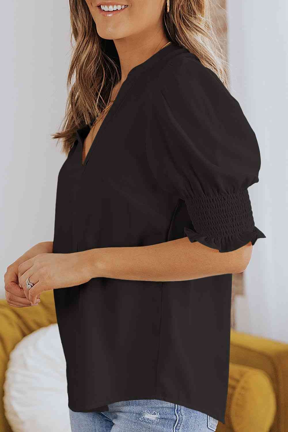 Smocked Flounce Sleeve Notched Neck Blouse - Ladyez