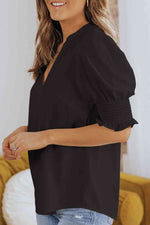 Smocked Flounce Sleeve Notched Neck Blouse - Ladyez