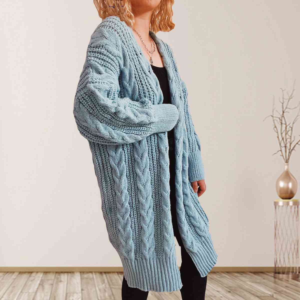 Cable-Knit Open Front Dropped Shoulder Cardigan - Ladyez