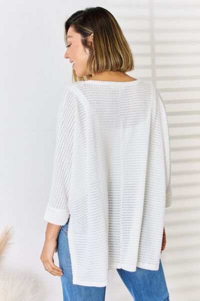 Zenana Full Size Waffle Knit V-Neck Long Sleeve Slit Top - Ladyez