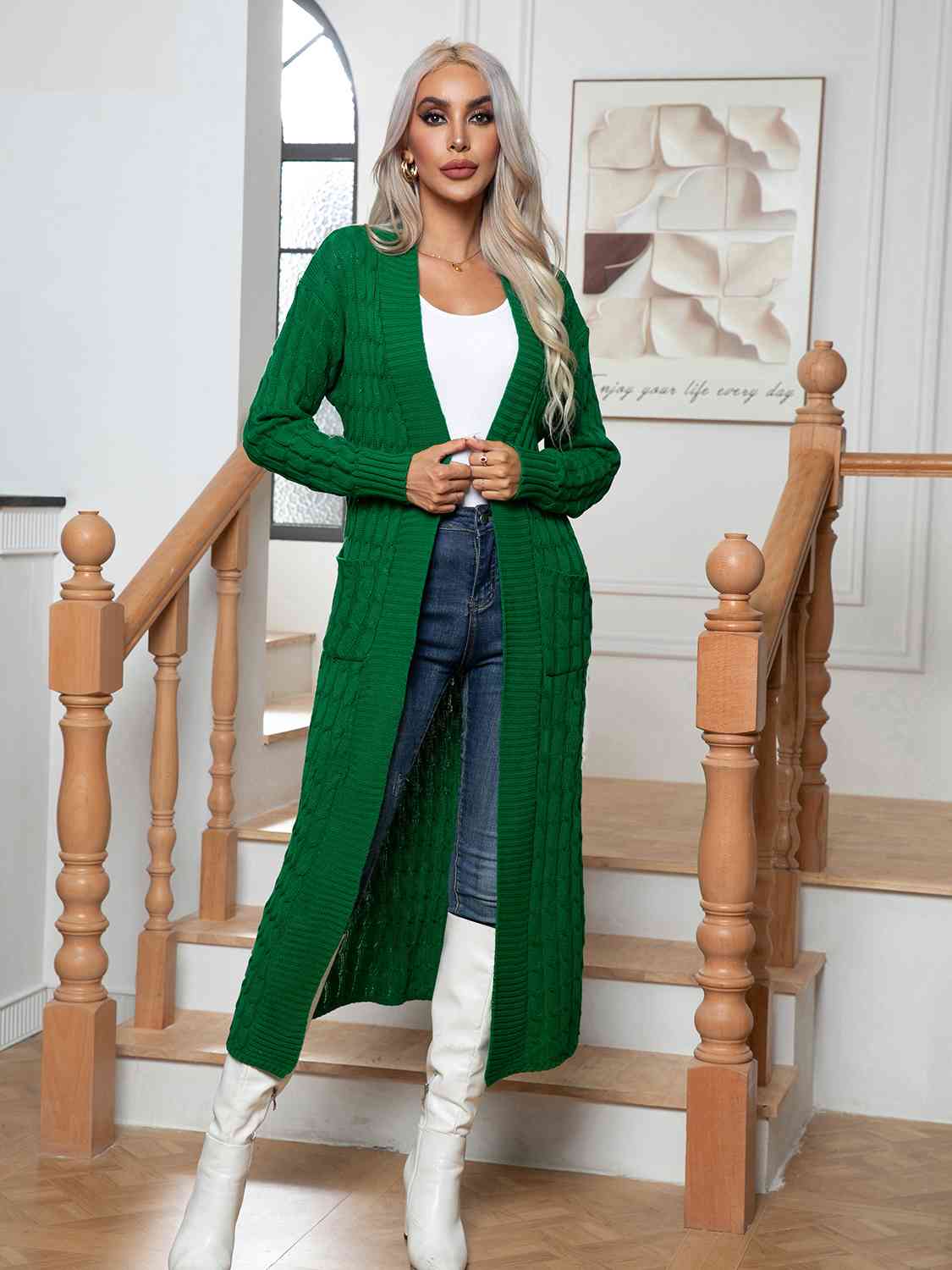 Cable-Knit Open Front Cardigan with Pockets - Ladyez