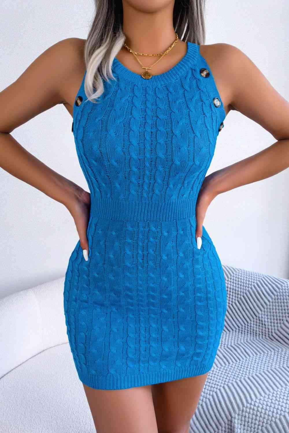 Decorative Button Sleeveless Cable-Knit Dress - Ladyez