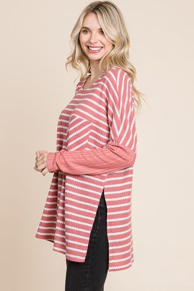 Culture Code Oversize Striped Round Neck Long Sleeve Slit T-Shirt - Ladyez