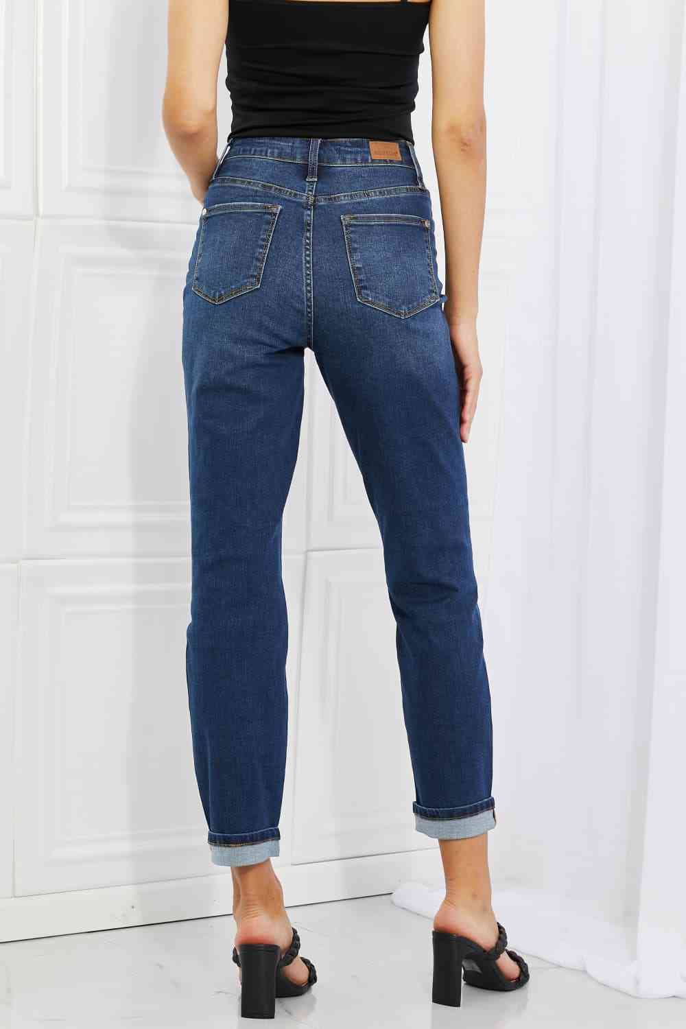 Judy Blue Crystal Full Size High Waisted Cuffed Boyfriend Jeans - Ladyez