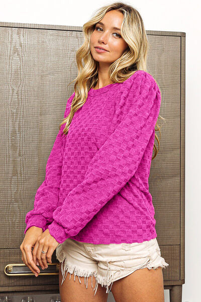 BiBi Round Neck Brushed Checker Top - Ladyez