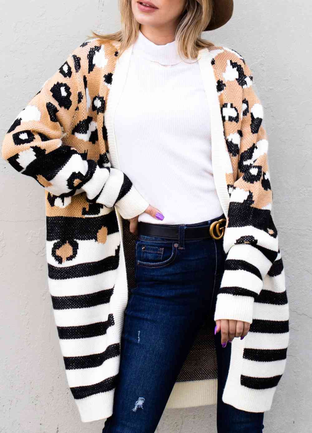Striped Open Front Longline Cardigan - Ladyez